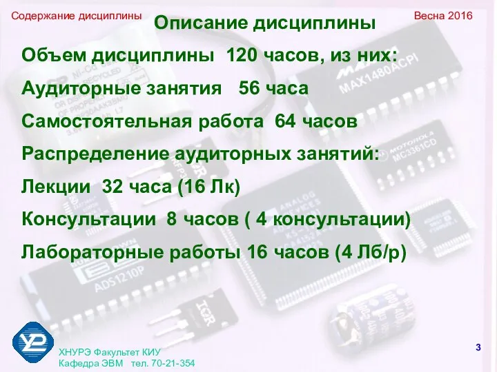 Содержание дисциплины Весна 2016 ХНУРЭ Факультет КИУ Кафедра ЭВМ тел. 70-21-354