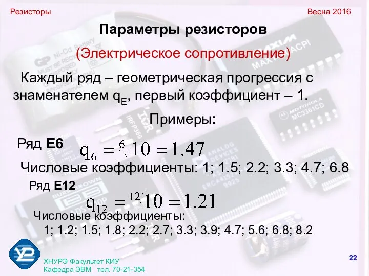 Резисторы Весна 2016 ХНУРЭ Факультет КИУ Кафедра ЭВМ тел. 70-21-354 Параметры