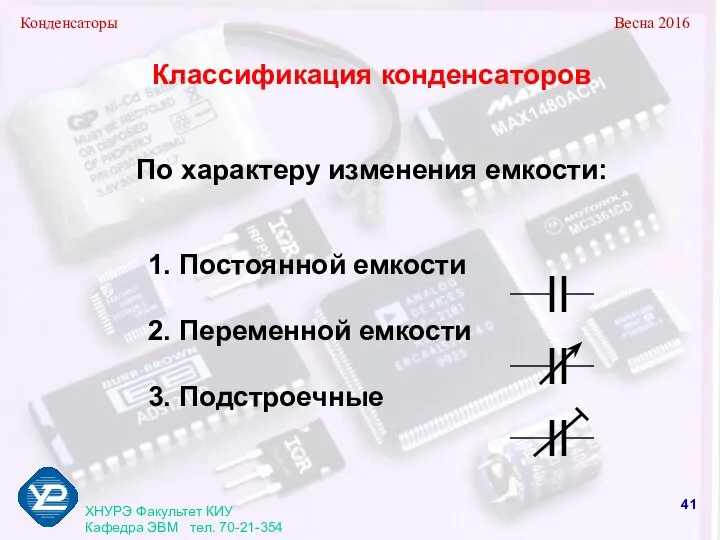 Конденсаторы Весна 2016 ХНУРЭ Факультет КИУ Кафедра ЭВМ тел. 70-21-354 Классификация