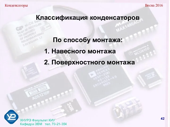 Конденсаторы Весна 2016 ХНУРЭ Факультет КИУ Кафедра ЭВМ тел. 70-21-354 Классификация