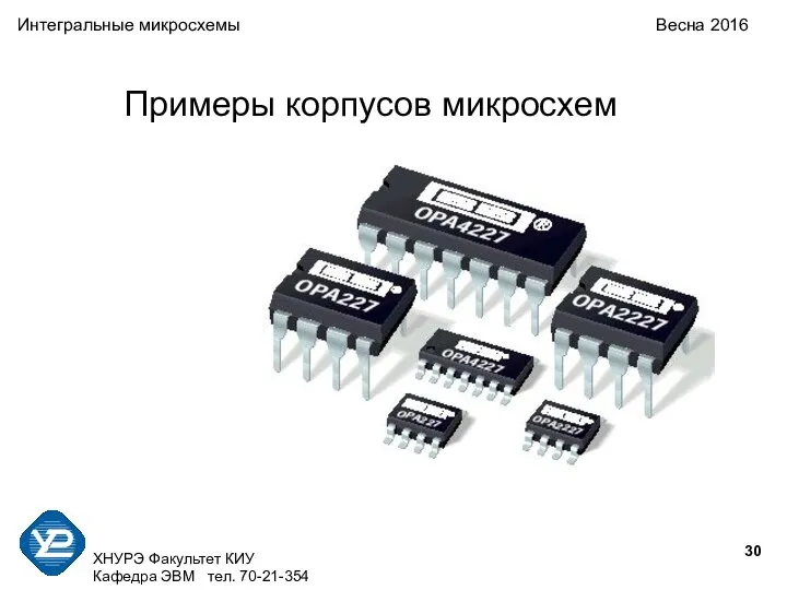 ХНУРЭ Факультет КИУ Кафедра ЭВМ тел. 70-21-354 Интегральные микросхемы Весна 2016 Примеры корпусов микросхем