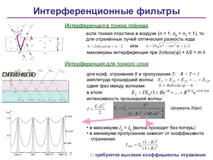 Интерференционные фильтры если тонкая пластина в воздухе (n > 1, n0