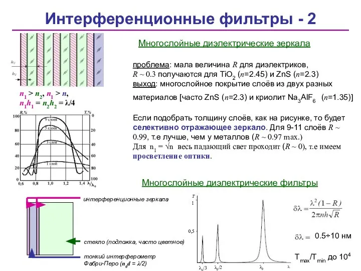 Интерференционные фильтры - 2 Многослойные диэлектрические зеркала проблема: мала величина R