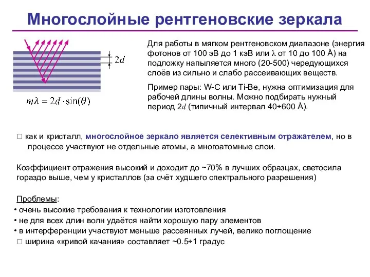 Многослойные рентгеновские зеркала Для работы в мягком рентгеновском диапазоне (энергия фотонов