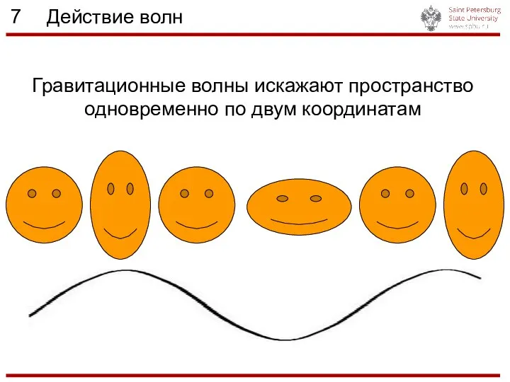 7 Действие волн Гравитационные волны искажают пространство одновременно по двум координатам