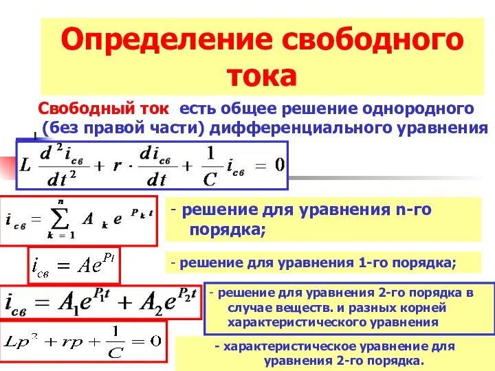 Определение свободного тока Свободный ток есть общее решение однородного (без правой