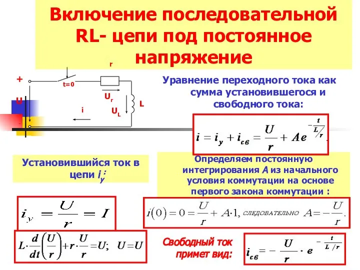 Включение последовательной RL- цепи под постоянное напряжение Установившийся ток в цепи