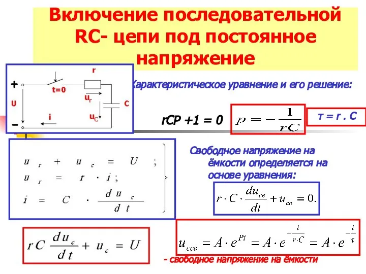 Включение последовательной RС- цепи под постоянное напряжение + - rCP +1