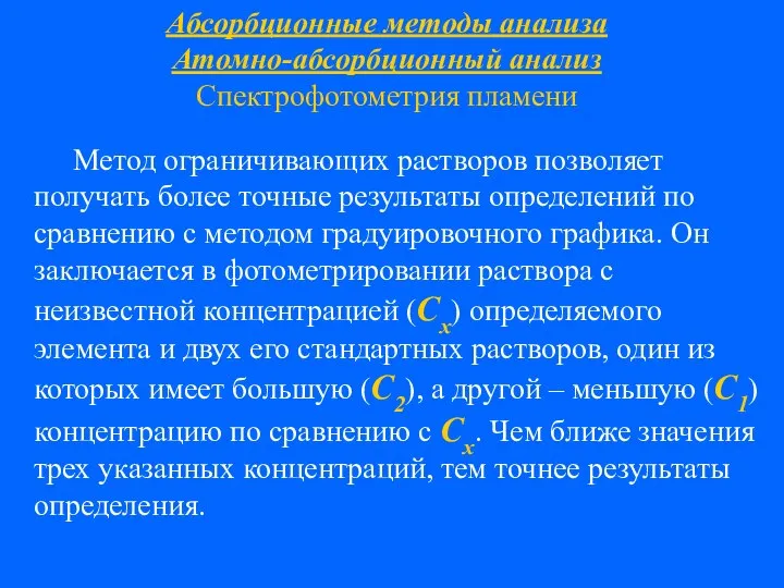 Абсорбционные методы анализа Атомно-абсорбционный анализ Спектрофотометрия пламени Метод ограничивающих растворов позволяет