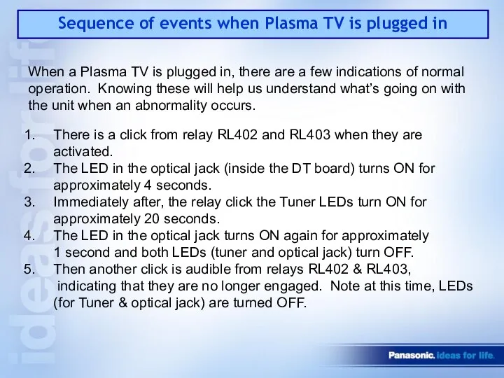 Sequence of events when Plasma TV is plugged in When a
