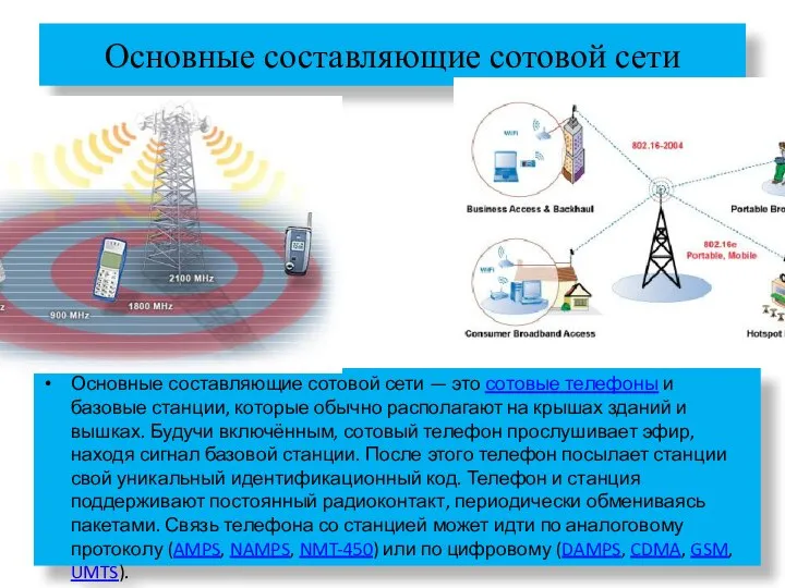 Основные составляющие сотовой сети Основные составляющие сотовой сети — это сотовые