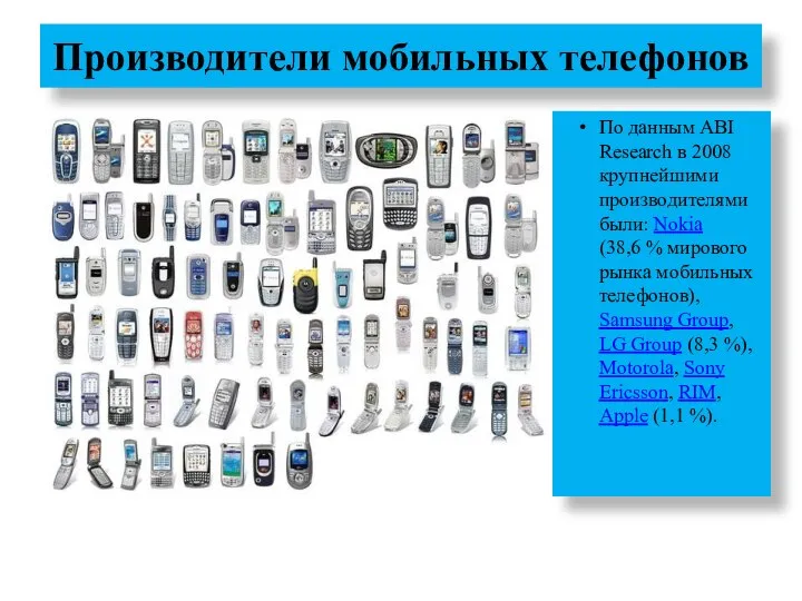 Производители мобильных телефонов По данным ABI Research в 2008 крупнейшими производителями