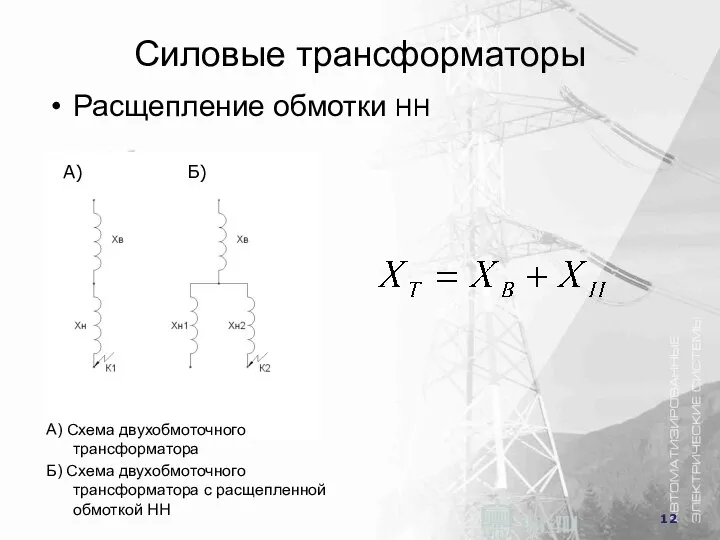 Силовые трансформаторы А) Б) A) Схема двухобмоточного трансформатора Б) Схема двухобмоточного