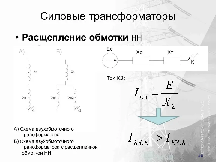 Силовые трансформаторы Расщепление обмотки НН А) Б) A) Схема двухобмоточного трансформатора