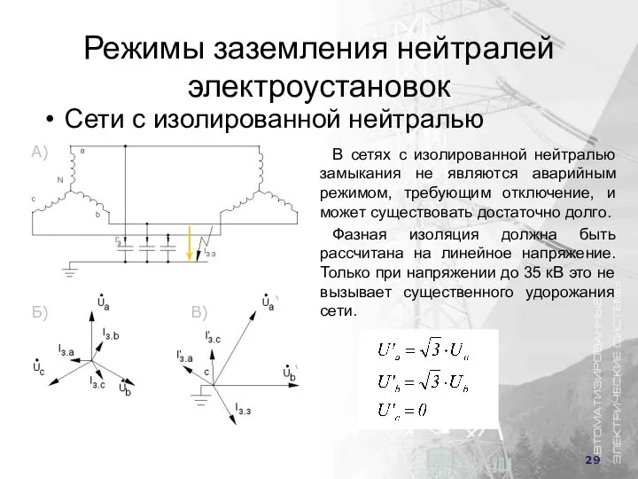 Режимы заземления нейтралей электроустановок Сети с изолированной нейтралью В сетях с