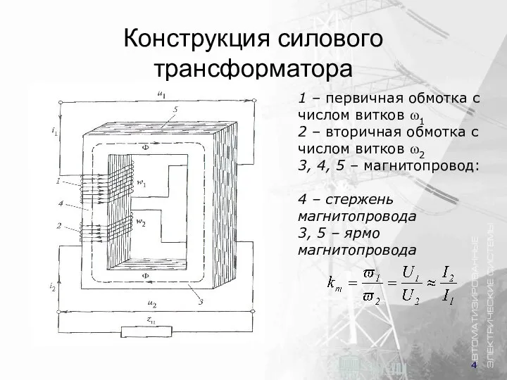 Конструкция силового трансформатора 1 – первичная обмотка с числом витков ω1