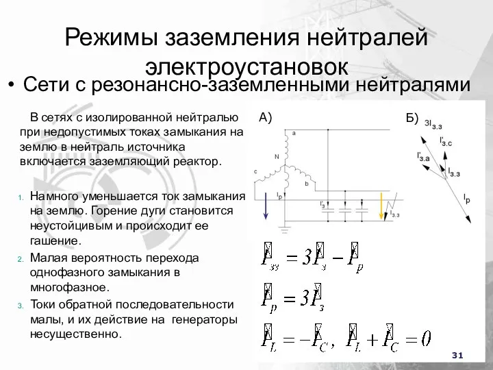 Режимы заземления нейтралей электроустановок Сети с резонансно-заземленными нейтралями А) Б) В