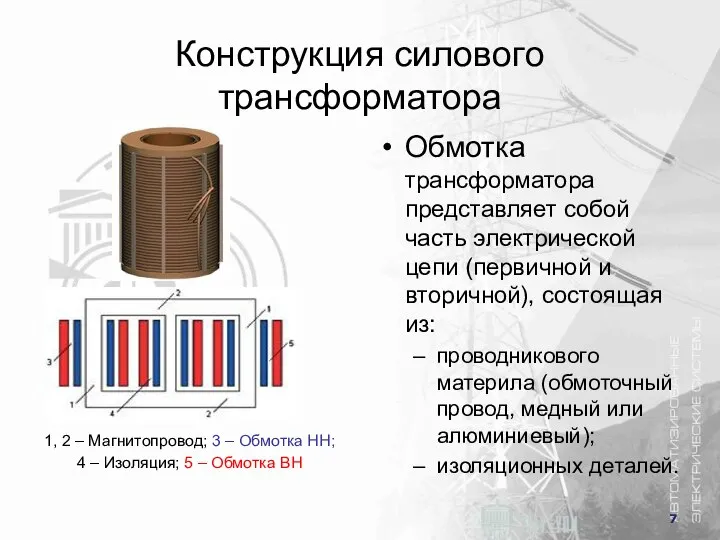 Конструкция силового трансформатора Обмотка трансформатора представляет собой часть электрической цепи (первичной