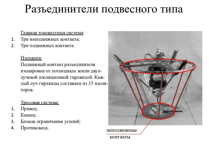 Разъединители подвесного типа Главная токоведущая система: Три неподвижных контакта; Три подвижных