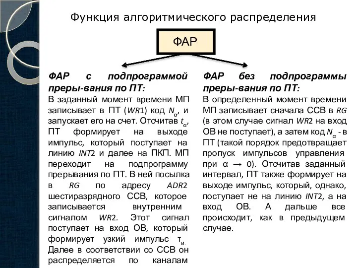 Функция алгоритмического распределения ФАР с подпрограммой преры-вания по ПТ: В заданный