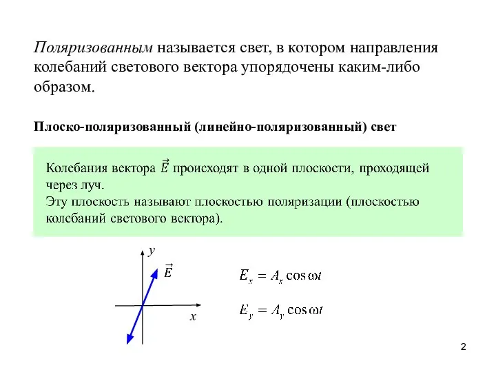 x y Плоско-поляризованный (линейно-поляризованный) свет Поляризованным называется свет, в котором направления