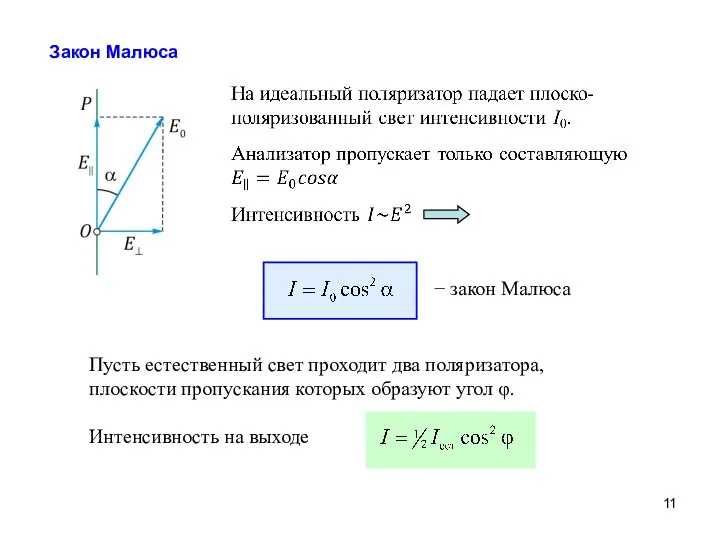 Закон Малюса − закон Малюса Пусть естественный свет проходит два поляризатора,