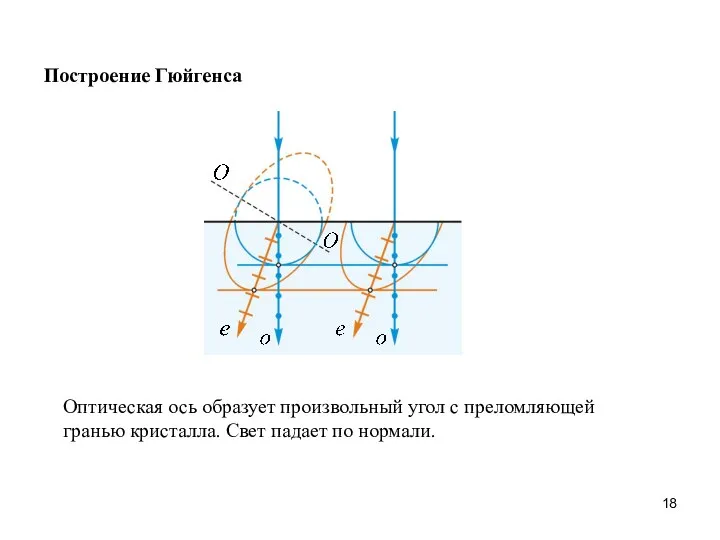 Построение Гюйгенса Оптическая ось образует произвольный угол с преломляющей гранью кристалла. Свет падает по нормали.