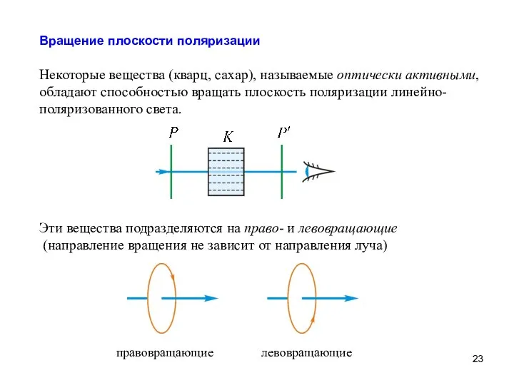 Вращение плоскости поляризации Некоторые вещества (кварц, сахар), называемые оптически активными, обладают