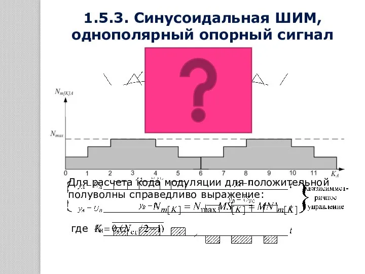 1.5.3. Синусоидальная ШИМ, однополярный опорный сигнал Для расчета кода модуляции для положительной полуволны справедливо выражение: где