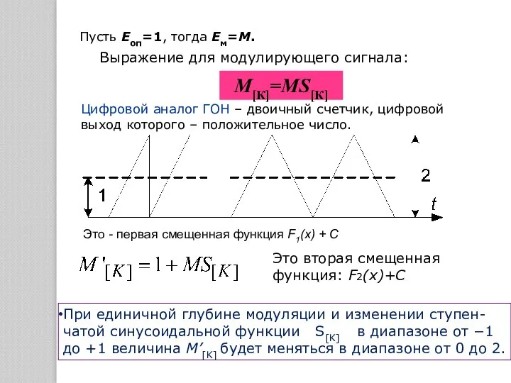 Пусть Еоп=1, тогда Ем=М. Выражение для модулирующего сигнала: Это вторая смещенная