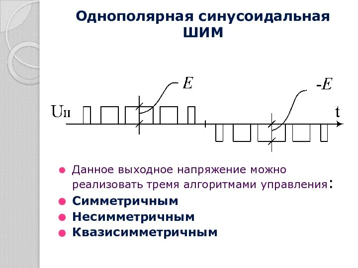 Однополярная синусоидальная ШИМ Данное выходное напряжение можно реализовать тремя алгоритмами управления: Симметричным Несимметричным Квазисимметричным