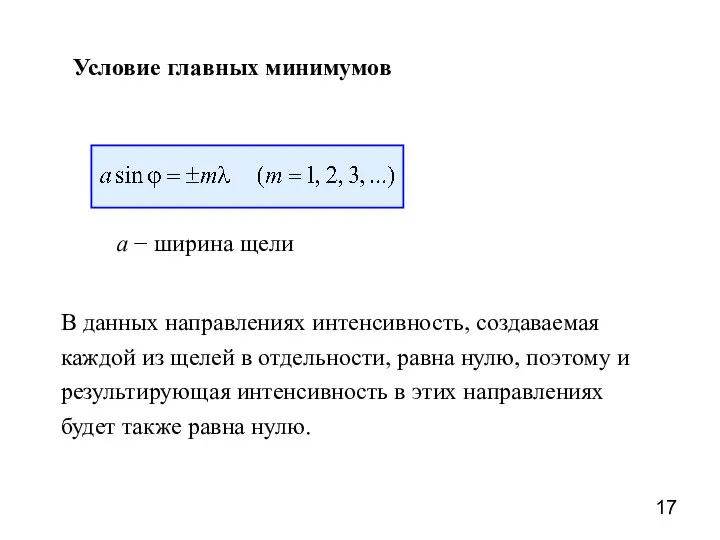 Условие главных минимумов a − ширина щели В данных направлениях интенсивность,