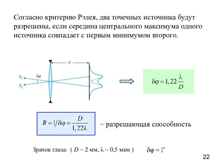 Согласно критерию Рэлея, два точечных источника будут разрешены, если середина центрального