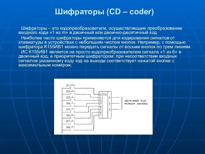 Шифраторы (CD – coder) Шифраторы – это кодопреобразователи, осуществляющие преобра­зование входного