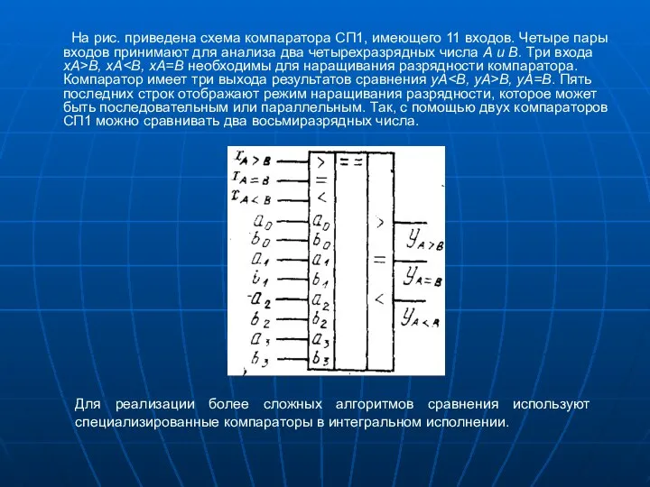 На рис. приведена схема компаратора СП1, имеющего 11 входов. Четыре пары