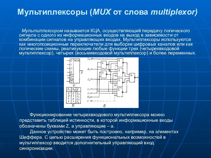 Мультиплексоры (MUX от слова multiplexor) Мультиплексором называется КЦА, осуществляющий передачу логического