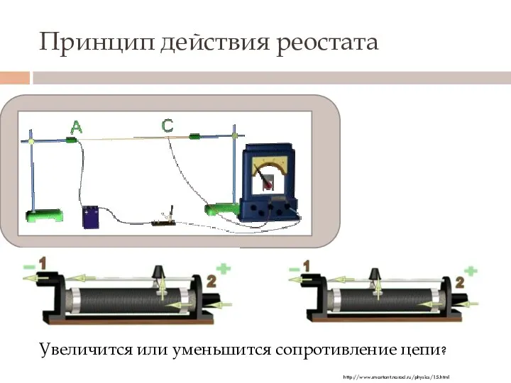 Принцип действия реостата Увеличится или уменьшится сопротивление цепи? http://www.smartant.narod.ru/physics/15.html