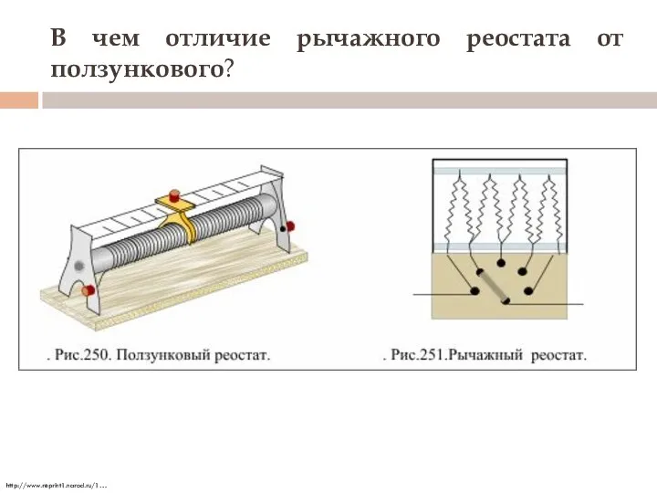 В чем отличие рычажного реостата от ползункового? http://www.reprint1.narod.ru/1…