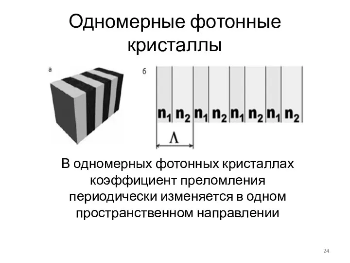 Одномерные фотонные кристаллы В одномерных фотонных кристаллах коэффициент преломления периодически изменяется в одном пространственном направлении