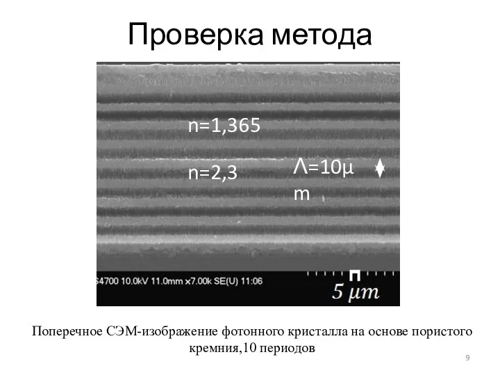 Проверка метода Поперечное СЭМ-изображение фотонного кристалла на основе пористого кремния,10 периодов n=1,365 Λ=10μm n=2,3