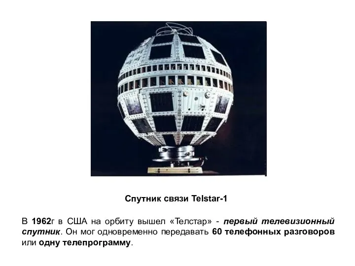 Спутник связи Telstar-1 В 1962г в США на орбиту вышел «Телстар»