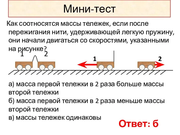 Мини-тест Как соотносятся массы тележек, если после пережигания нити, удерживающей легкую