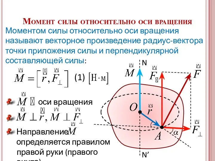 Момент силы относительно оси вращения Моментом силы относительно оси вращения называют