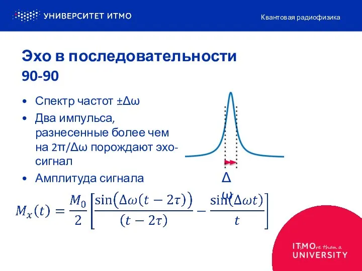 Эхо в последовательности 90-90 Спектр частот ±Δω Два импульса, разнесенные более