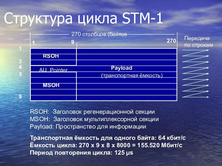 Структура цикла STM-1 RSOH: Заголовок регенерационной секции MSOH: Заголовок мультиплексорной секции