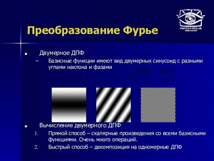 Преобразование Фурье Двумерное ДПФ Базисные функции имеют вид двумерных синусоид с