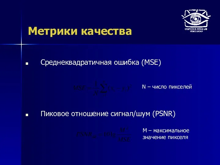 Метрики качества Среднеквадратичная ошибка (MSE) Пиковое отношение сигнал/шум (PSNR) N –