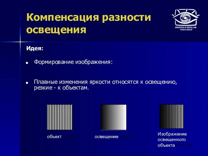 Компенсация разности освещения Идея: Формирование изображения: Плавные изменения яркости относятся к