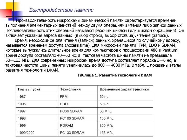 Производительность микросхемы динамической памяти характеризуется временем выполнения элементарных действий между двумя