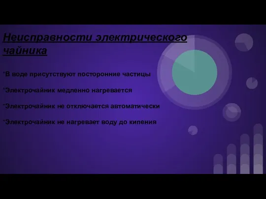 Неисправности электрического чайника *В воде присутствуют посторонние частицы *Электрочайник медленно нагревается